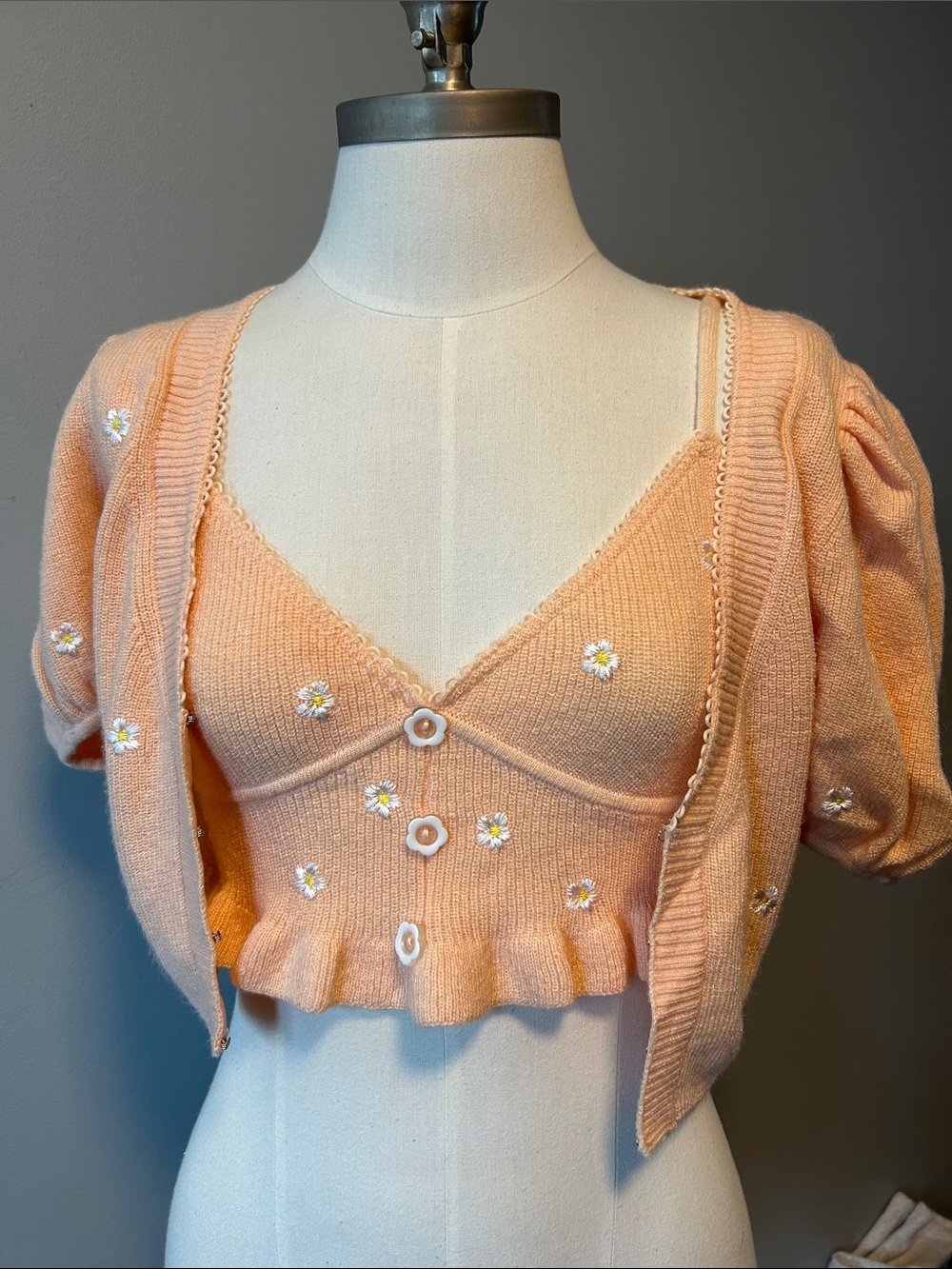 For Love & Lemons Callie Crop Embroidered Daisy Cardigan Set